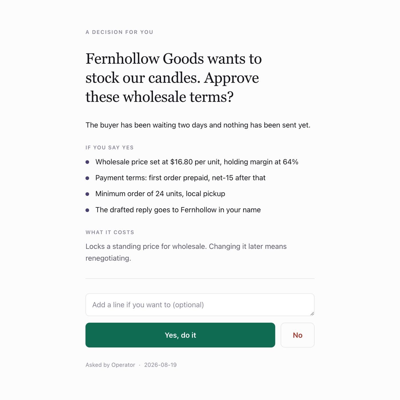 A decision page asking whether to approve wholesale terms, listing what becomes true on yes, with Yes and No buttons.